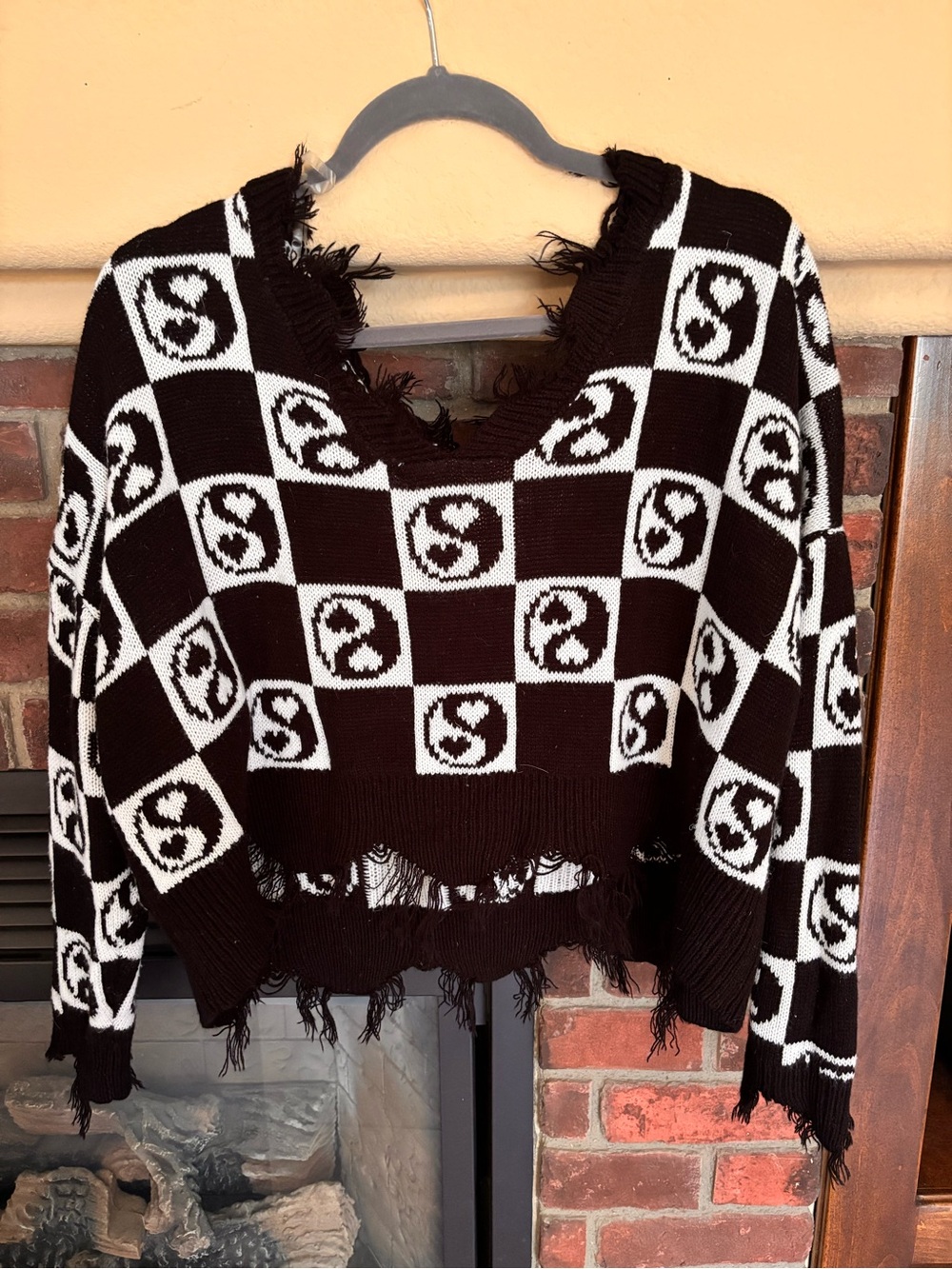 Black and White Checkered Distressed Sweater